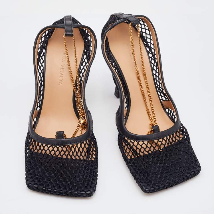 Pre Owned Bottega Veneta Black Mesh and Leather Stretch Ankle Strap Pumps Size 37