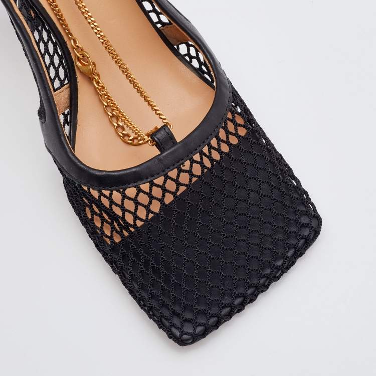 Pre Owned Bottega Veneta Black Mesh and Leather Stretch Ankle Strap Pumps Size 37