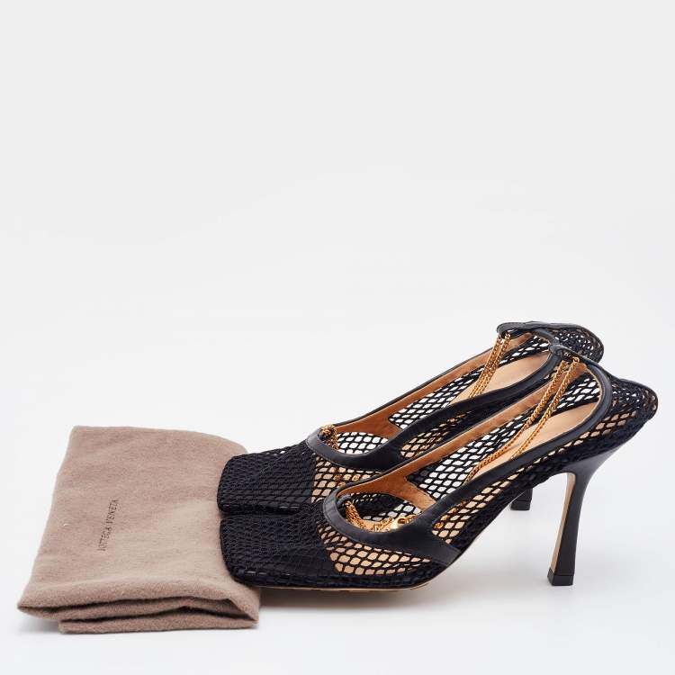 Pre Owned Bottega Veneta Black Mesh and Leather Stretch Ankle Strap Pumps Size 37
