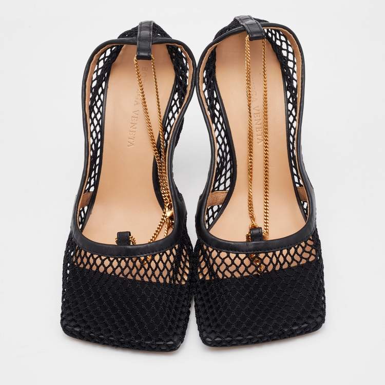 Pre Owned Bottega Veneta Black Mesh and Leather Stretch Ankle Strap Pumps Size 37