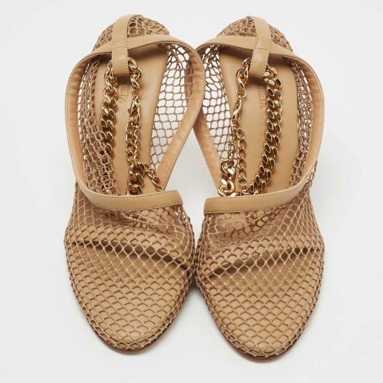 Pre Owned Bottega Veneta Tan Mesh and Leather Ankle Chain D'orsay Pumps Size 40 