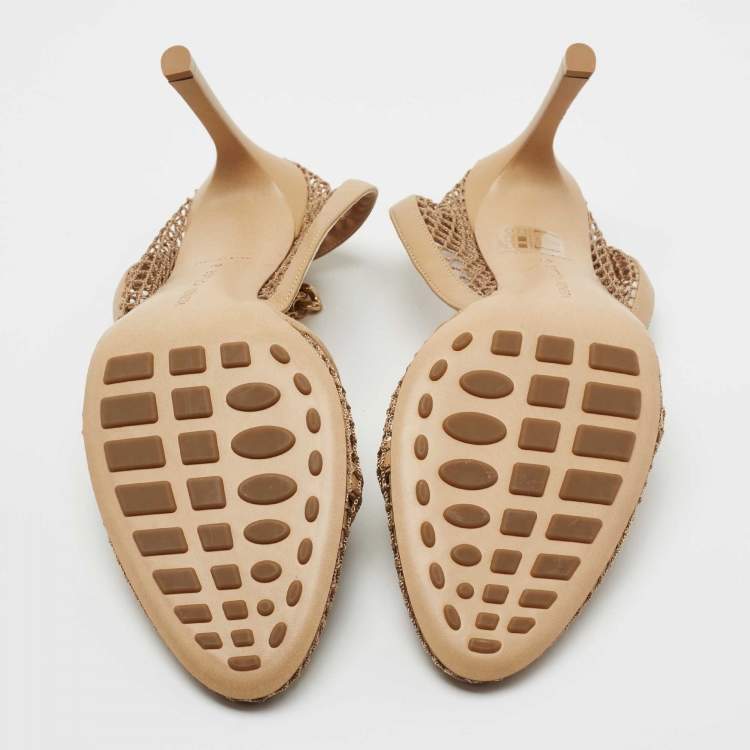 Pre Owned Bottega Veneta Tan Mesh and Leather Ankle Chain D'orsay Pumps Size 40 