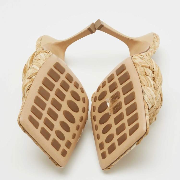 Pre Owned Bottega Veneta Light Brown Raffia Intrecciato Slides Size 40.5 