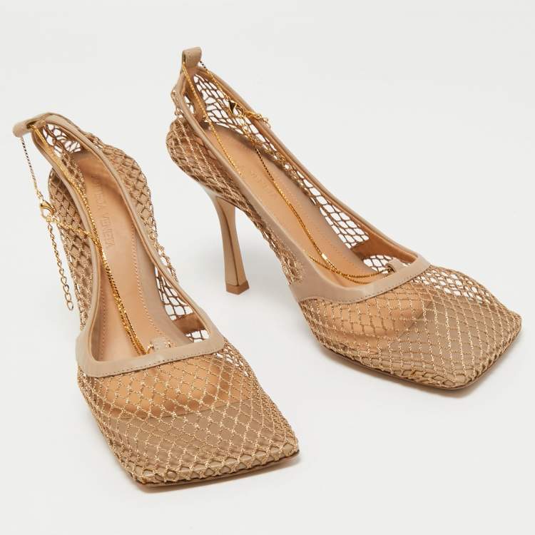 Pre Owned Bottega Veneta Beige Mesh and Leather Stretch Pumps Size 40