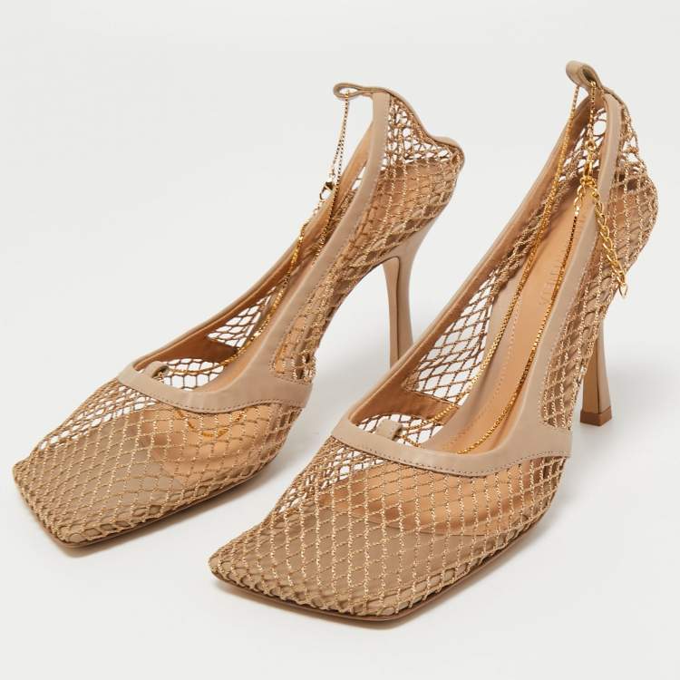 Pre Owned Bottega Veneta Beige Mesh and Leather Stretch Pumps Size 40