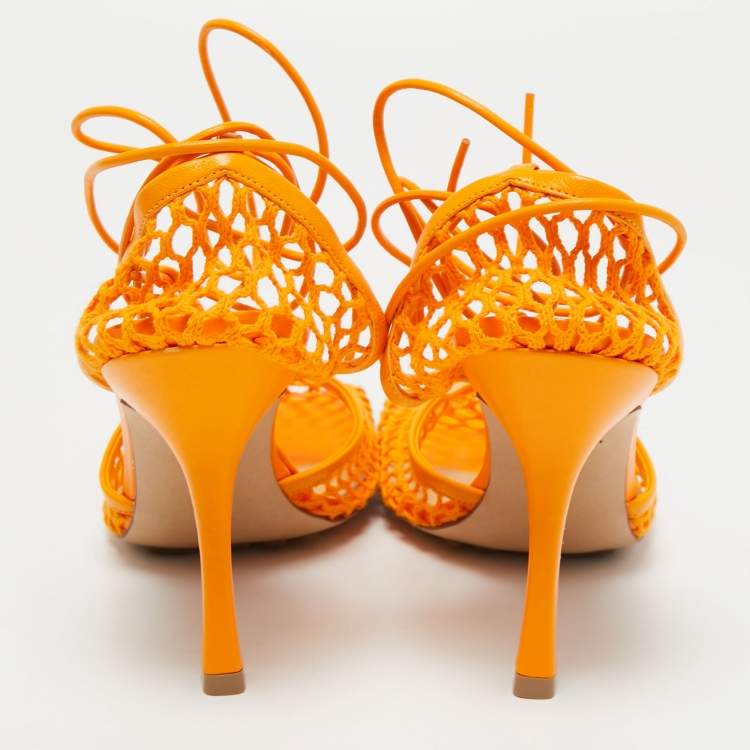 Pre Owned Bottega Veneta Orange Mesh and Leather Ankle Tie Pumps Size 40