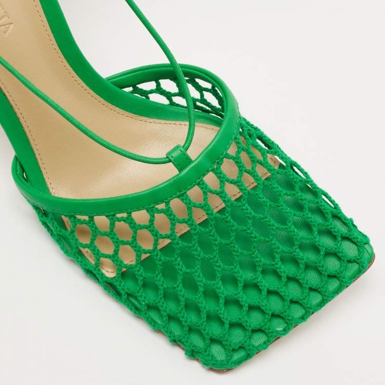Pre Owned Bottega Veneta Green Mesh and Leather Stretch Ankle Wrap Pumps Size 37