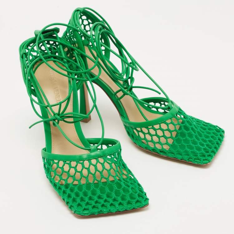 Pre Owned Bottega Veneta Green Mesh and Leather Stretch Ankle Wrap Pumps Size 37