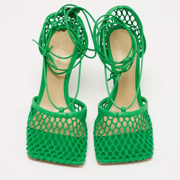 Pre Owned Bottega Veneta Green Mesh and Leather Stretch Ankle Wrap Pumps Size 37