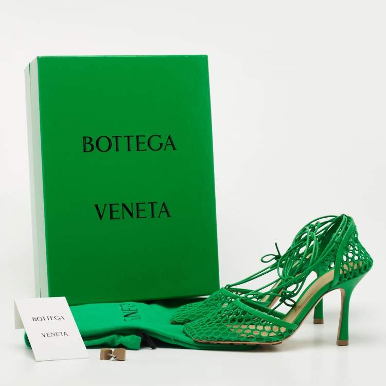 Pre Owned Bottega Veneta Green Mesh and Leather Stretch Ankle Wrap Pumps Size 37
