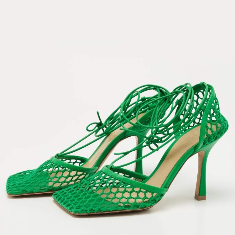 Pre Owned Bottega Veneta Green Mesh and Leather Stretch Ankle Wrap Pumps Size 37
