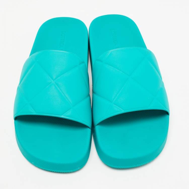 Pre Owned Bottega Veneta Turquoise Quilted Rubber Pool Slides Size 41 