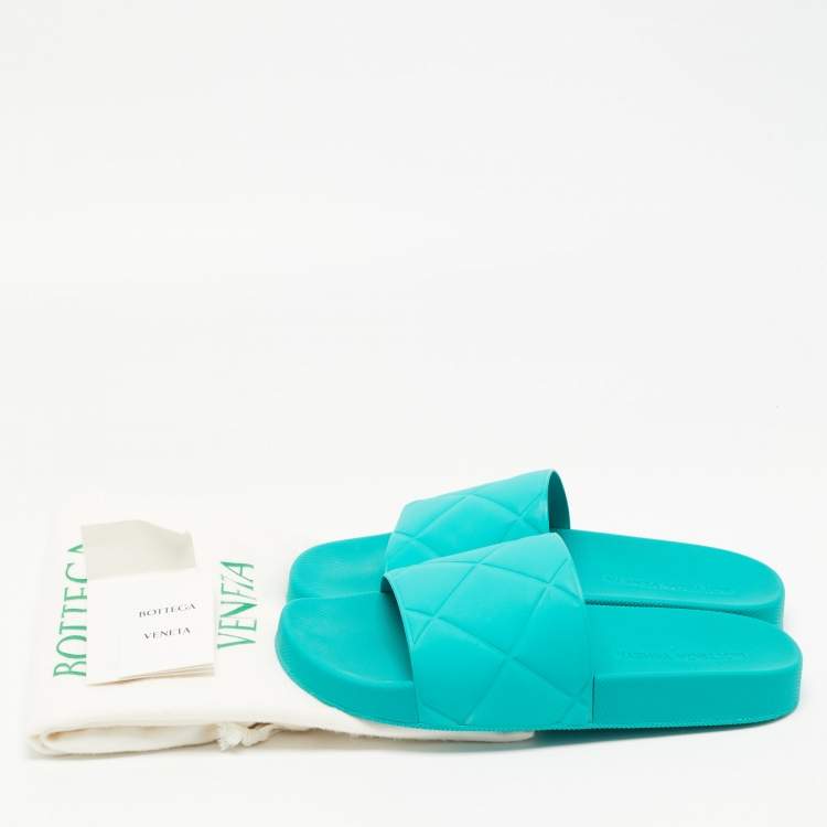 Pre Owned Bottega Veneta Turquoise Quilted Rubber Pool Slides Size 41 
