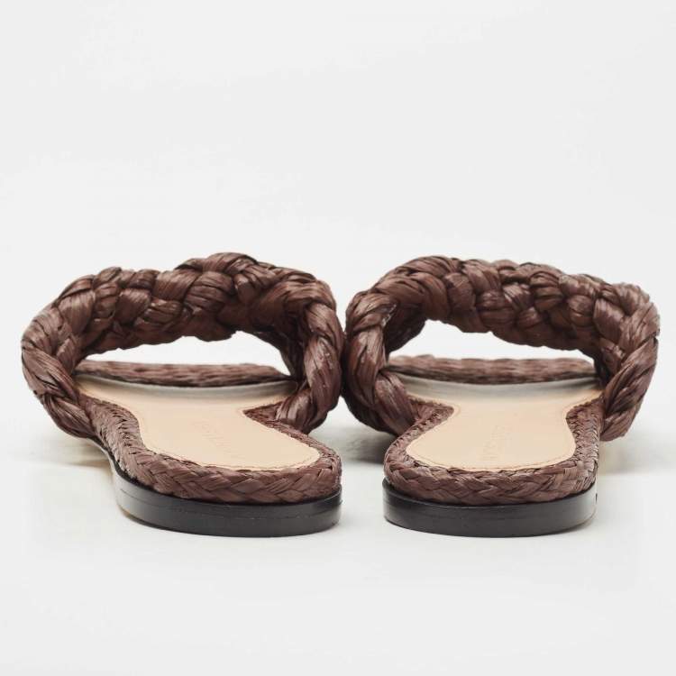 Pre Owned Bottega Veneta Dark Brown Raffia Intrecciato Slide Flat Size 36.5