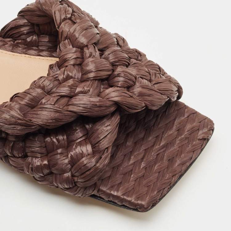 Pre Owned Bottega Veneta Dark Brown Raffia Intrecciato Slide Flat Size 36.5