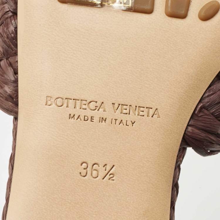 Pre Owned Bottega Veneta Dark Brown Raffia Intrecciato Slide Flat Size 36.5
