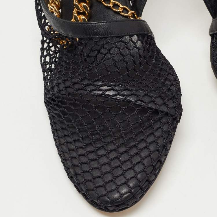 Pre Owned Bottega Veneta Black Mesh and Leather Trims Chain Embellished Ankle Strap Cuff Pumps Size 38