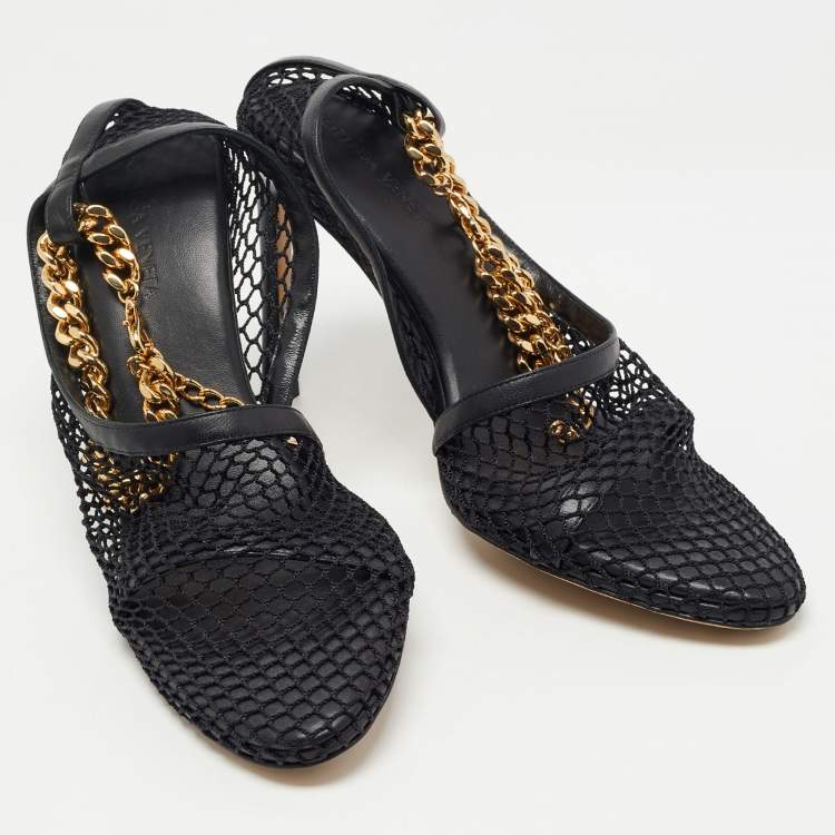 Pre Owned Bottega Veneta Black Mesh and Leather Trims Chain Embellished Ankle Strap Cuff Pumps Size 38