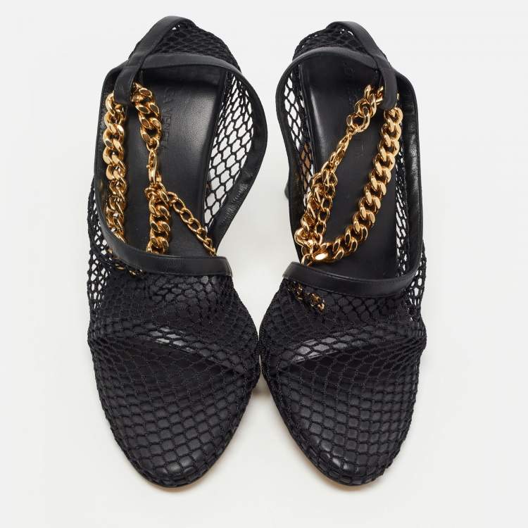 Pre Owned Bottega Veneta Black Mesh and Leather Trims Chain Embellished Ankle Strap Cuff Pumps Size 38