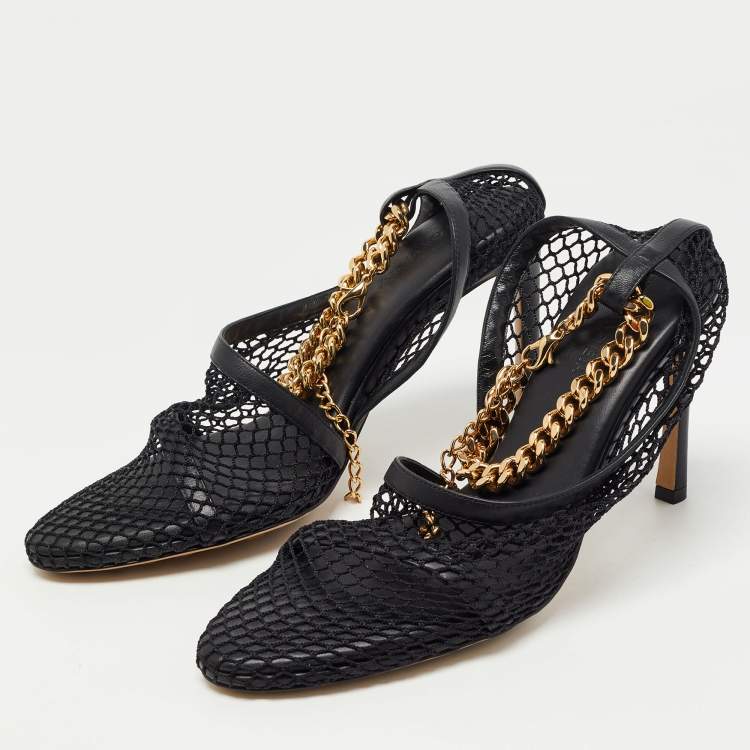 Pre Owned Bottega Veneta Black Mesh and Leather Trims Chain Embellished Ankle Strap Cuff Pumps Size 38