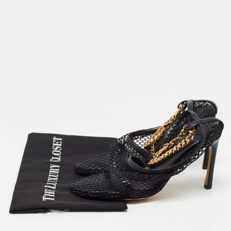 Pre Owned Bottega Veneta Black Mesh and Leather Trims Chain Embellished Ankle Strap Cuff Pumps Size 38