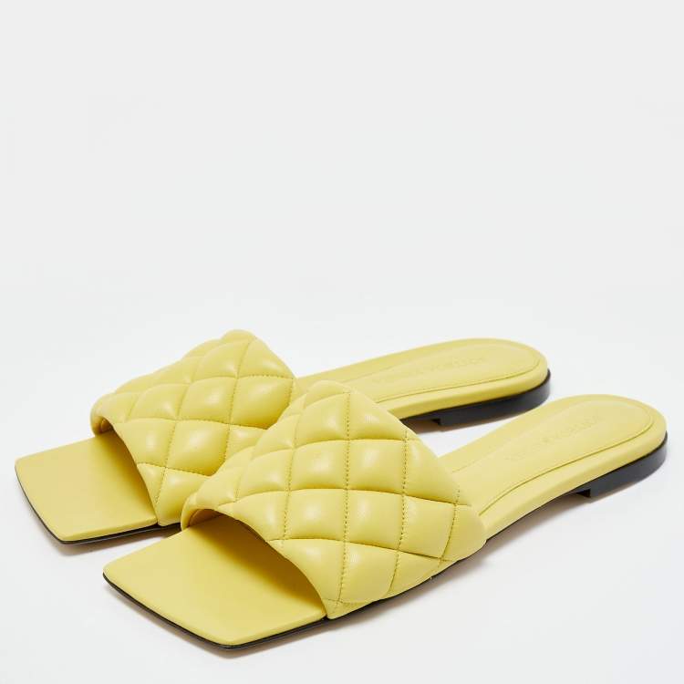 Pre Owned Bottega Veneta Yellow Quilted Leather Lido Flat Slides Size 37.5