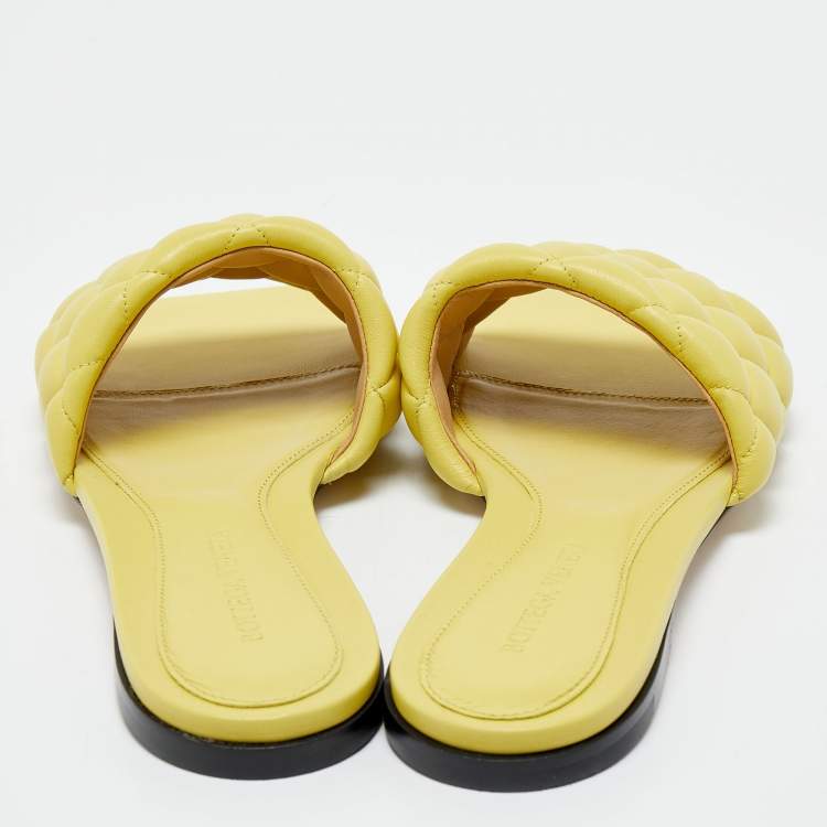 Pre Owned Bottega Veneta Yellow Quilted Leather Lido Flat Slides Size 37.5