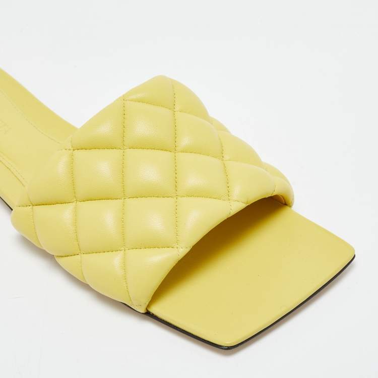 Pre Owned Bottega Veneta Yellow Quilted Leather Lido Flat Slides Size 37.5