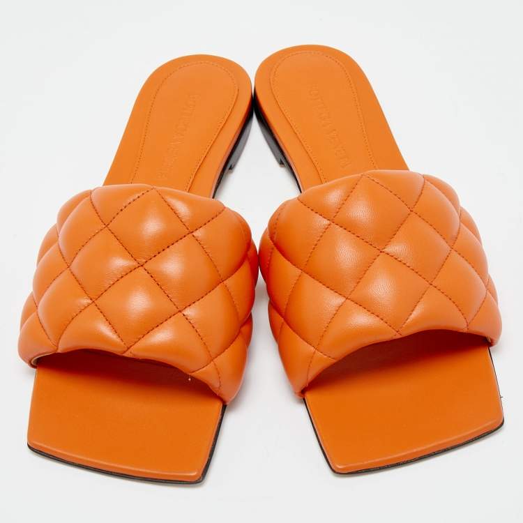 Pre Owned Bottega Veneta Orange Padded Leather Flat Slides Size 36