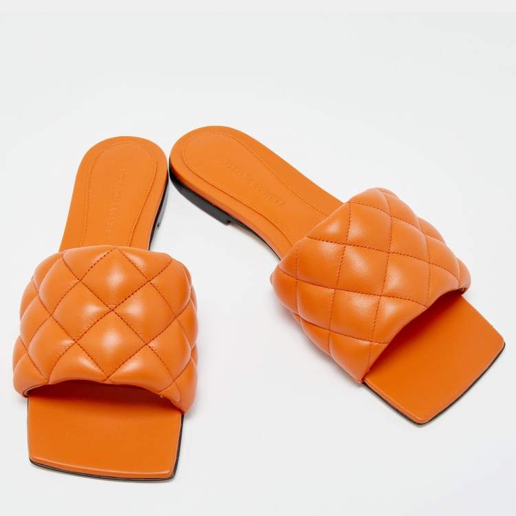 Pre Owned Bottega Veneta Orange Padded Leather Flat Slides Size 36