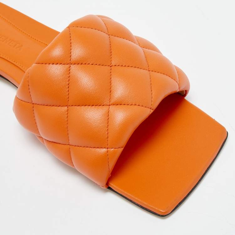 Pre Owned Bottega Veneta Orange Padded Leather Flat Slides Size 36