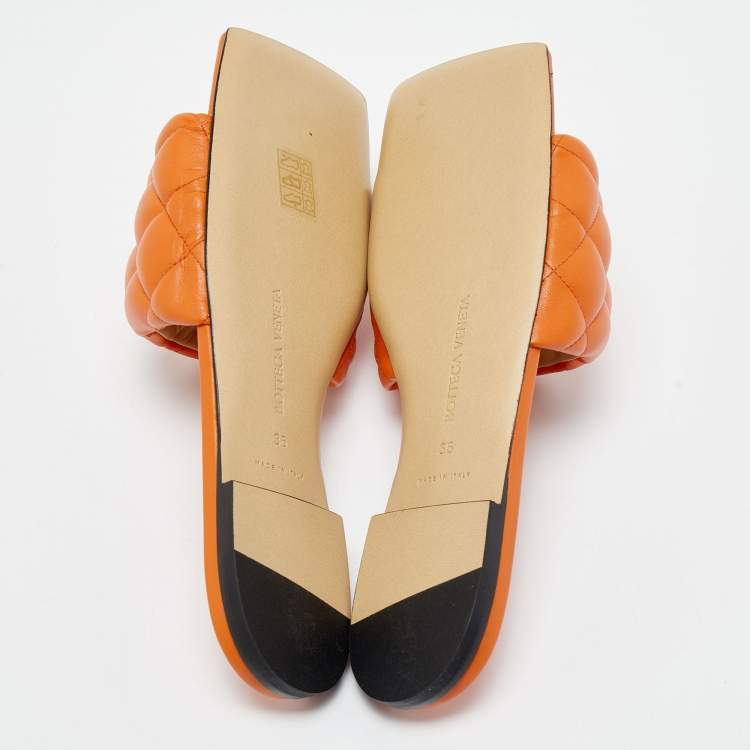 Pre Owned Bottega Veneta Orange Padded Leather Flat Slides Size 36