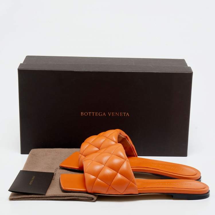 Pre Owned Bottega Veneta Orange Padded Leather Flat Slides Size 36
