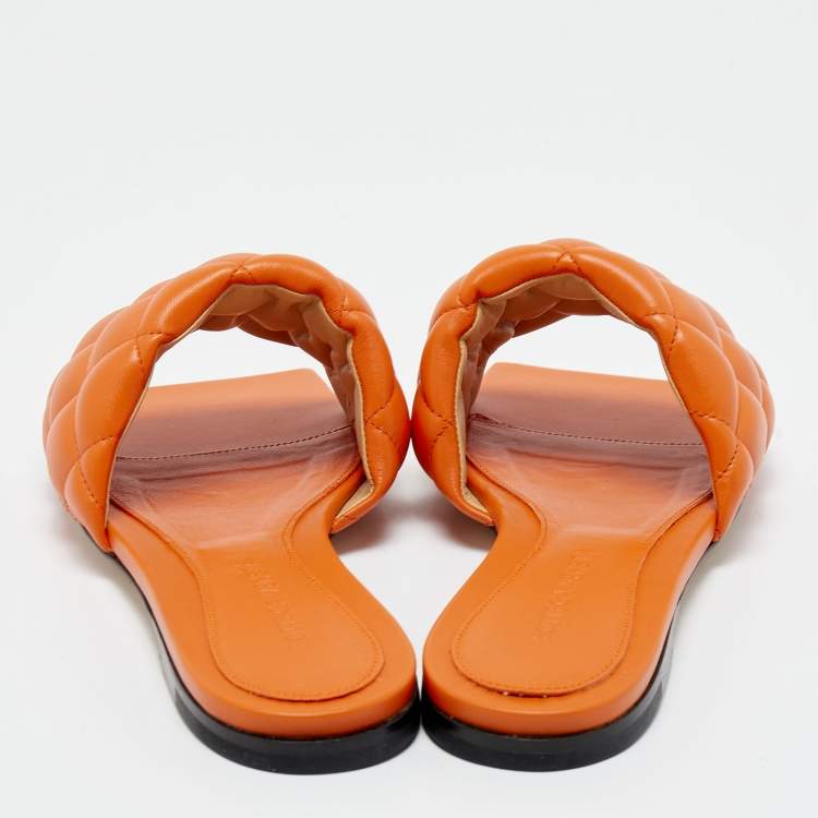 Pre Owned Bottega Veneta Orange Padded Leather Flat Slides Size 36