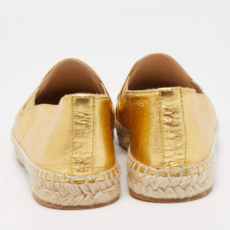 Pre Owned Bottega Veneta Gold Intrecciato Foil Leather Espadrille Flats Size 38