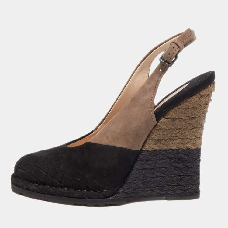 Pre Owned Bottega Veneta Two Tone Intrecciato Suede Espadrille Wedge Slingback Pumps Size 37