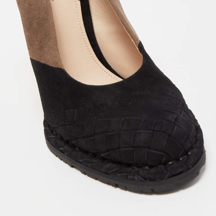 Pre Owned Bottega Veneta Two Tone Intrecciato Suede Espadrille Wedge Slingback Pumps Size 37