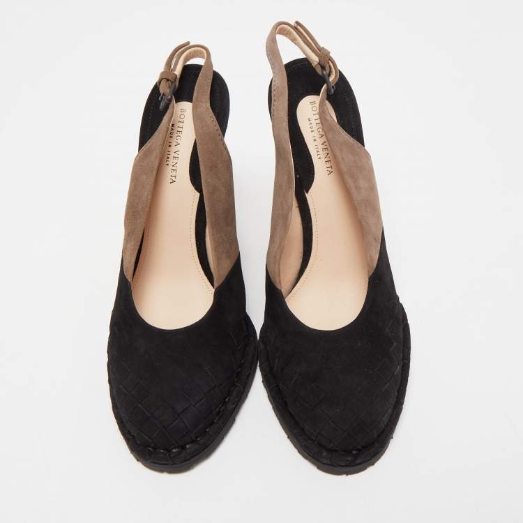 Pre Owned Bottega Veneta Two Tone Intrecciato Suede Espadrille Wedge Slingback Pumps Size 37