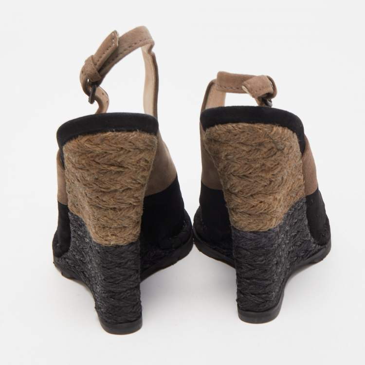 Pre Owned Bottega Veneta Two Tone Intrecciato Suede Espadrille Wedge Slingback Pumps Size 37