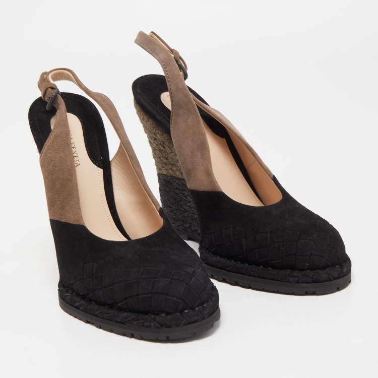 Pre Owned Bottega Veneta Two Tone Intrecciato Suede Espadrille Wedge Slingback Pumps Size 37