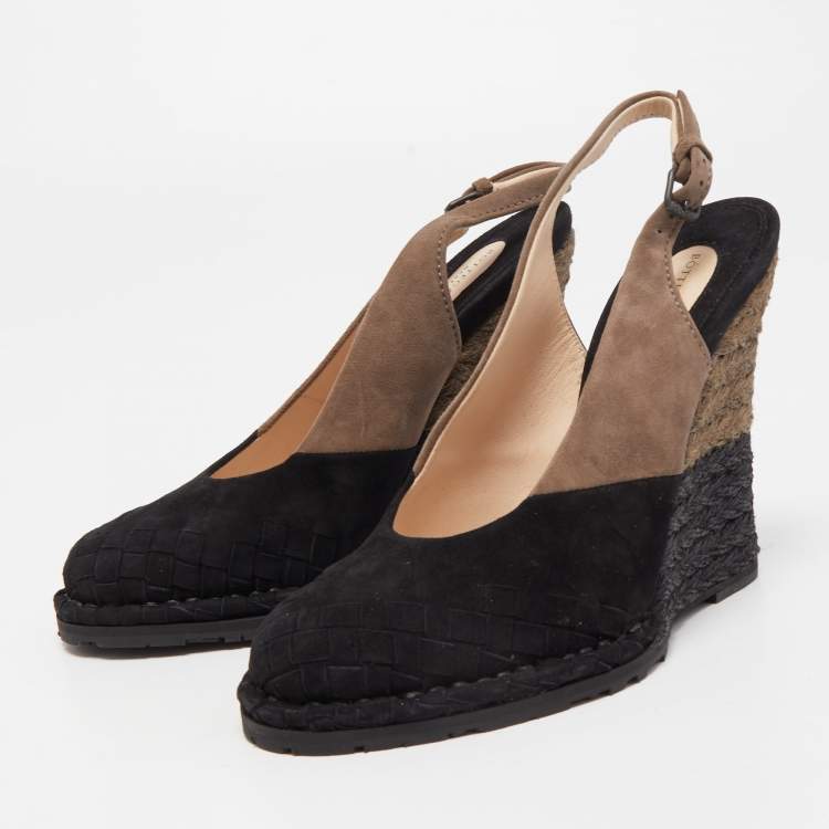 Pre Owned Bottega Veneta Two Tone Intrecciato Suede Espadrille Wedge Slingback Pumps Size 37