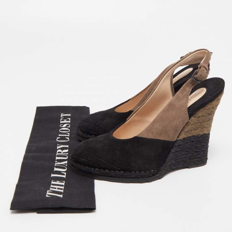 Pre Owned Bottega Veneta Two Tone Intrecciato Suede Espadrille Wedge Slingback Pumps Size 37