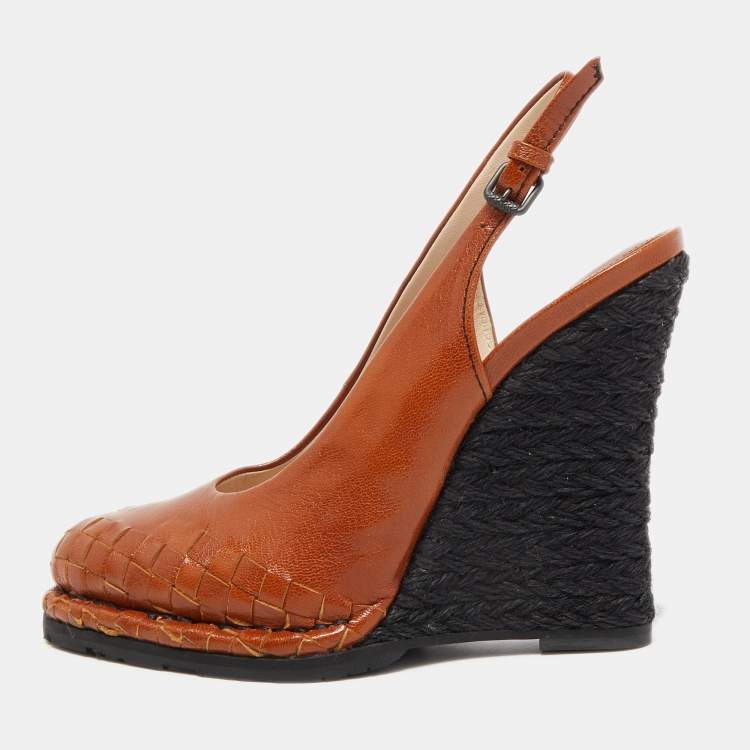 Pre Owned Bottega Veneta Brown Intrecciato Leather Espadrille Wedge Slingback Pumps Size 37