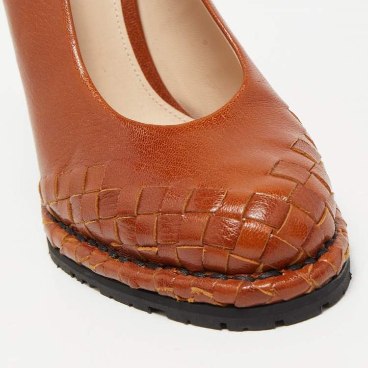 Pre Owned Bottega Veneta Brown Intrecciato Leather Espadrille Wedge Slingback Pumps Size 37