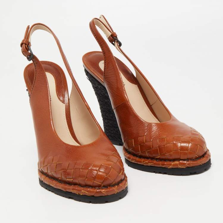 Pre Owned Bottega Veneta Brown Intrecciato Leather Espadrille Wedge Slingback Pumps Size 37