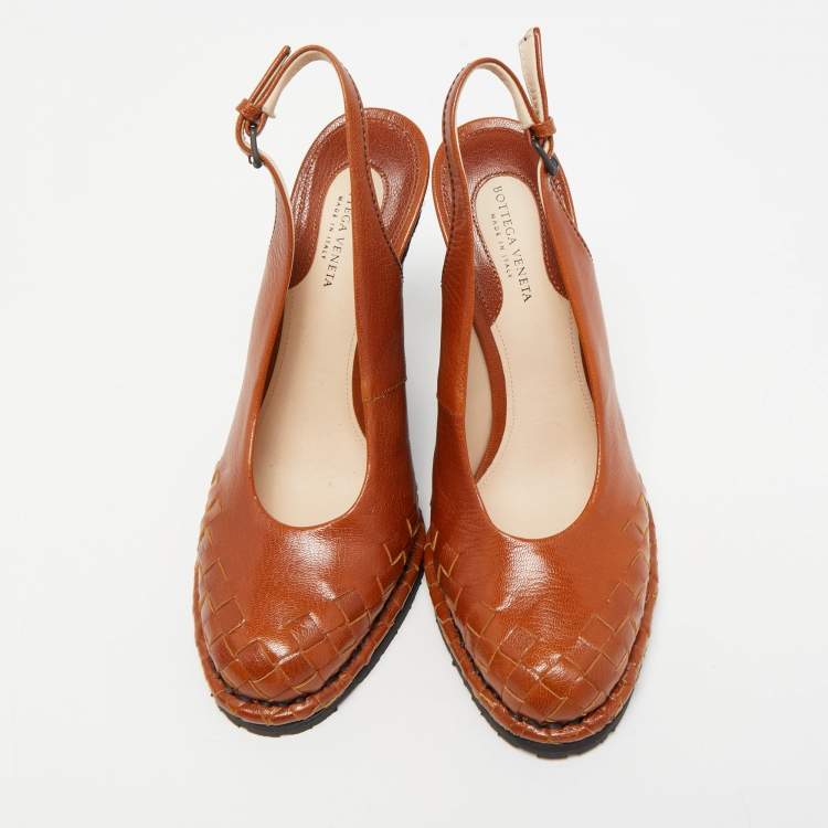 Pre Owned Bottega Veneta Brown Intrecciato Leather Espadrille Wedge Slingback Pumps Size 37