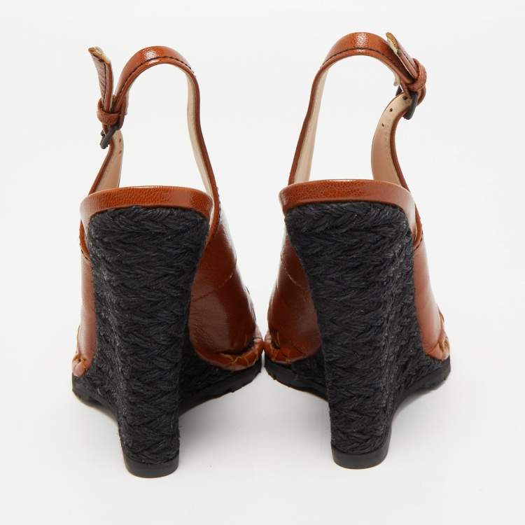 Pre Owned Bottega Veneta Brown Intrecciato Leather Espadrille Wedge Slingback Pumps Size 37