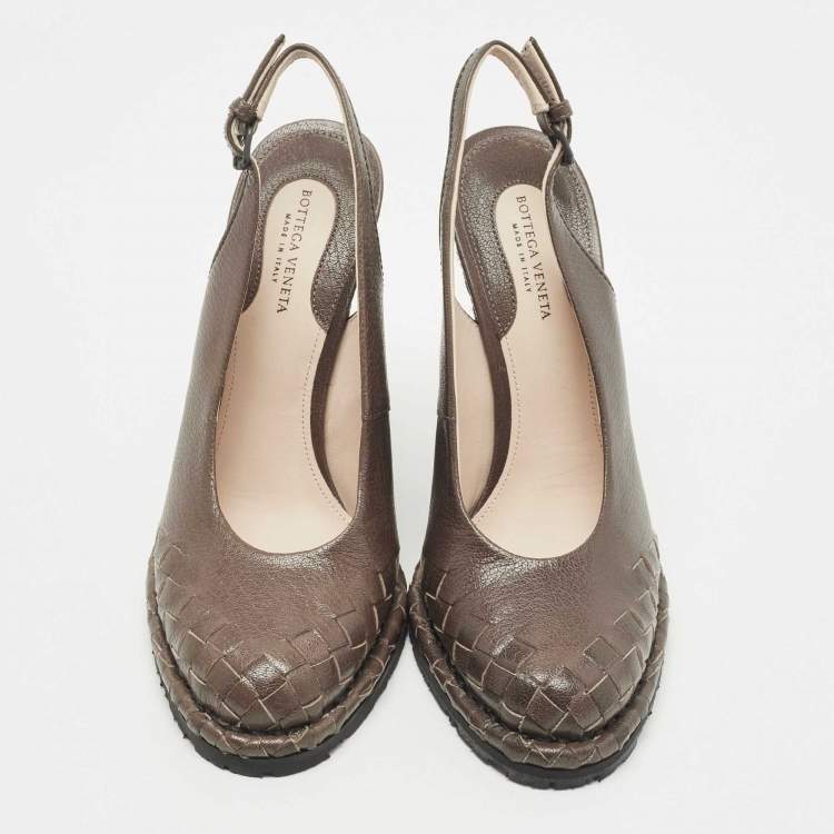 Pre Owned Bottega Veneta Brown Leather Slingback Wedge Pumps Size 37