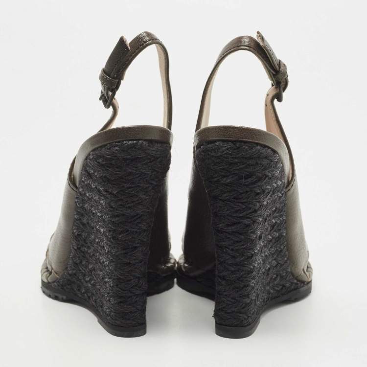 Pre Owned Bottega Veneta Brown Leather Slingback Wedge Pumps Size 37