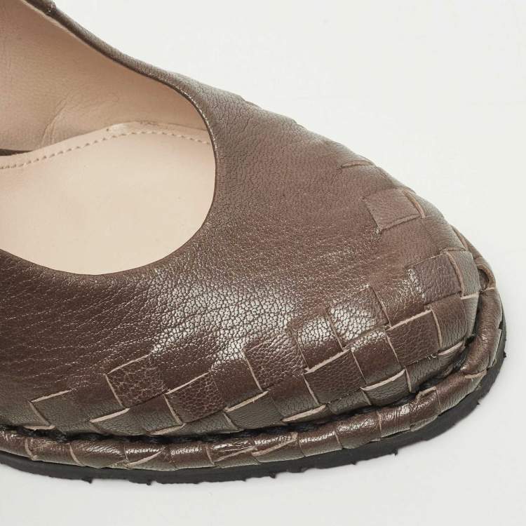 Pre Owned Bottega Veneta Brown Leather Slingback Wedge Pumps Size 37